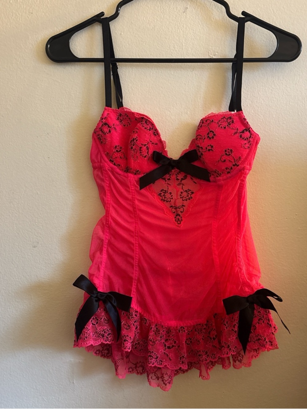 Hot Pink Lace Babydoll Lingerie with Black Bows